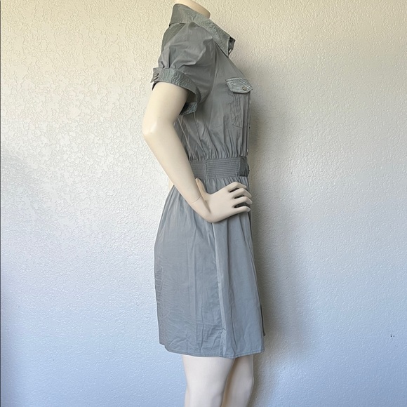 Belted Shirt Dress Snap Front Pockets Green Medium Vertigo Paris - Picture 5 of 6